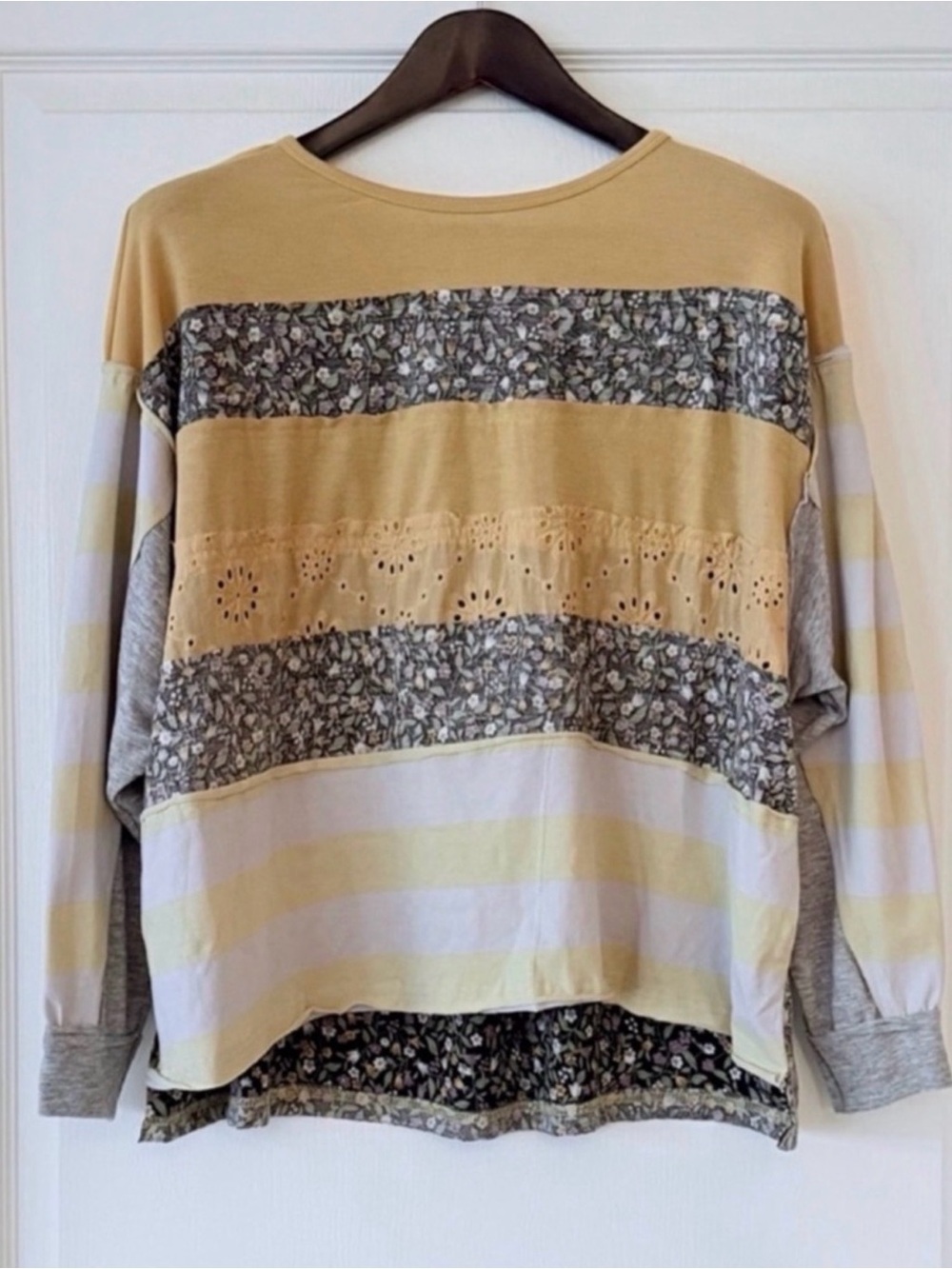 Easel Los Angeles Striped & Floral Eyelet Patchwork Pullover - Yellow